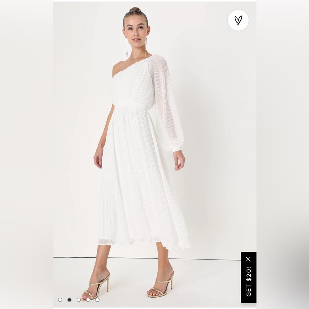 White, one shoulder, midi-length dress